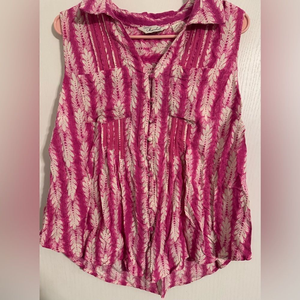 caffe marrakesh Pink Pattern Top | Leaf Pattern | Size Large | Button Front